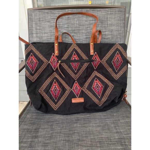Lucky Brand Handbags - Lucky Brand Black Embroidered Diamond Large Canvas Tote Bag Western Boho Style
